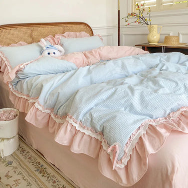Blue Pink Lattice Washed Cotton Korean Princess Ruffles Duvet Cover Bedding Set